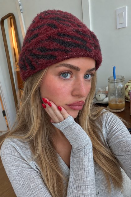 Women's Soft Furry Beret Zebra Pattern Burgundy