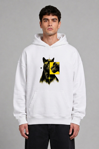 Panter Yellow Design Front Printed Oversize White Hooded Sweatshirt