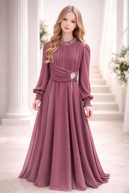 Chiffon Pleated Fabric Girls' Tunic Dress with Pearl Belt