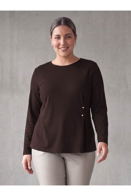 Women's Plus Size Knitted Blouse Long Sleeve Crew Neck Gathered Button Detail Brown