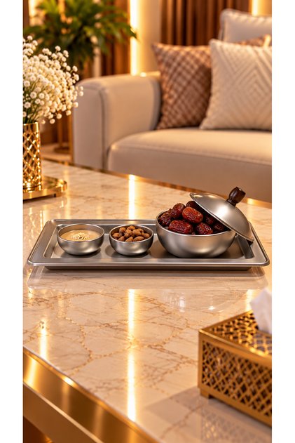 Silver Stainless Steel Tamarind Serving & Hospitality Set Rectangular Serving Tray with Lid & 2 Small Bowls for Tahini or Sauce