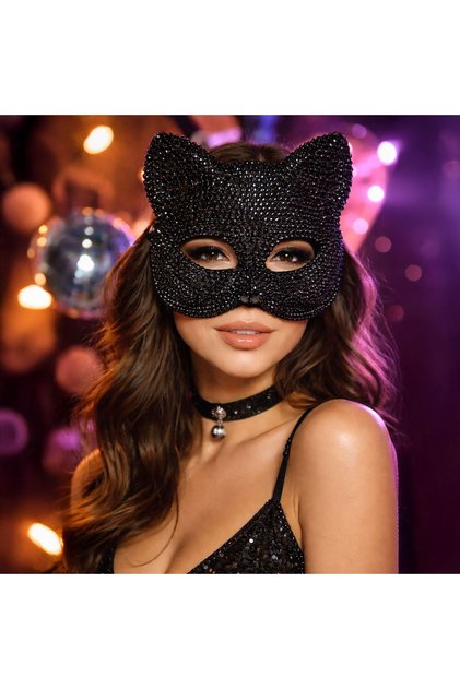 Masca de carnaval elegantă, neagră, cu strasuri, model pisică, pentru femei
