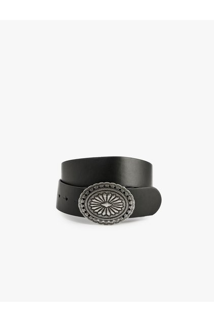 Faux Leather Oval Ethnic Buckle Detailed Belt