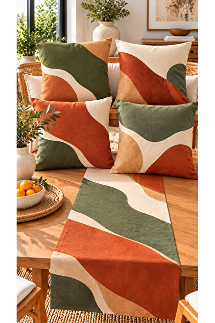 Modern Retro 4’lü Kırlent Kılıfı + 1 Runner Seti – 43x43 cm Çift Taraflı Kılıf, 40x140 cm Runner