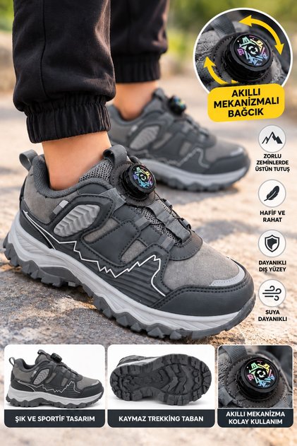 Boys' Smart Mechanism Lace-Up Rubber Sole Water Resistant Children's Trekking Boots