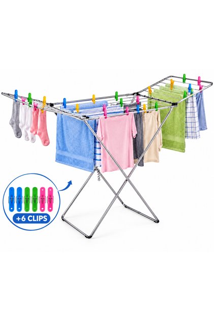 Foldable Clothes Drying Rack, Heavy-Duty Metal Gullwing Laundry Stand, Indoor & Outdoor, Silver (Includes 6 Clips)