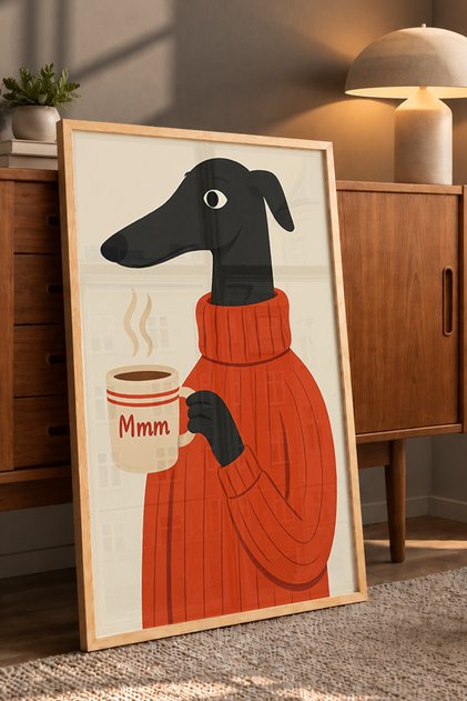 Ahşap Çerçeveli Duvar Posteri Tablo COFFEE DOG Natural Çerçeve