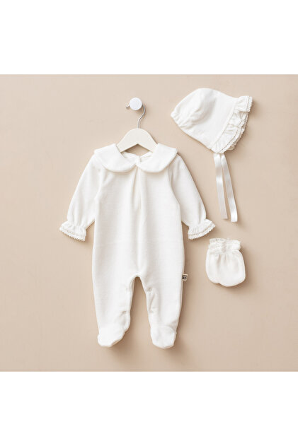 Newborn Baby Girl Velvet Jumpsuit Set Cotton Ecru Hospital Discharge Set Special Day Gift Set