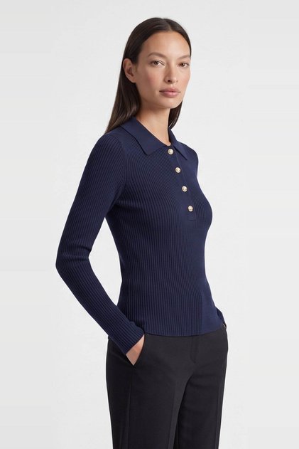 Polo Collar Navy Blue Women's Blouse 26K0149K1