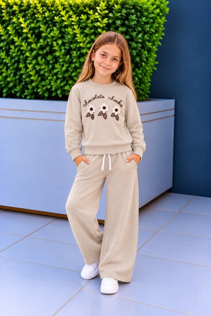 Crew Neck Daisy Embroidered Stone Color Girls' Tracksuit Set