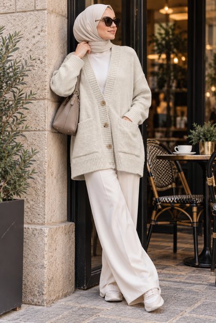 Women's Buttoned Double Pocket Loose Oversize Long Sleeve Knitwear Cardigan