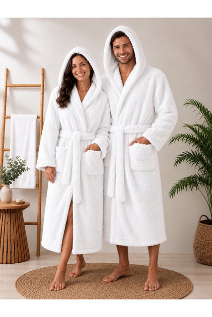 Beyaz Wellsoft| %100 Pamuklu | Unisex Kış Sabahlığı/Bornozu |S/.../5XL