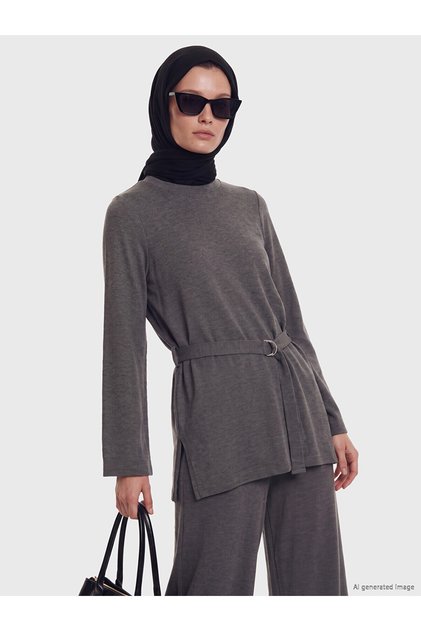 Two Mt Shop Quality Lcw Modest Anthracite Camisole Plain Standard & Regular Women's Tunic
