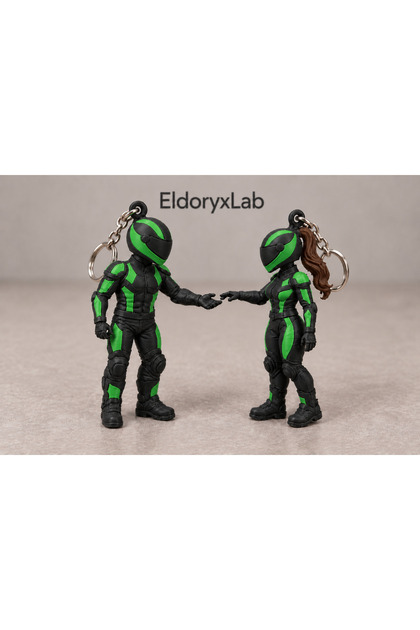 Couples' Special Biker Figure Keychain Set with Helmets - Brown-Haired Female and Male 2-Piece 3D Printing
