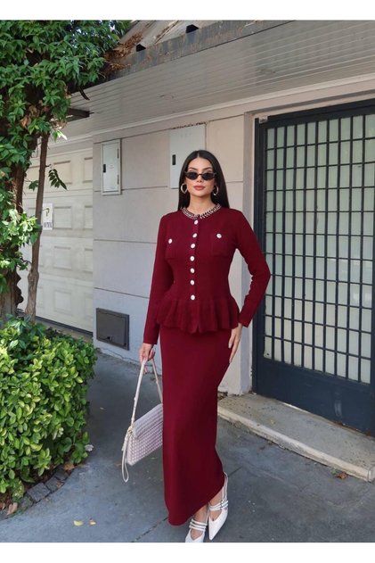Women's Stone Buttoned Peplum Detailed Burgundy Skirt Suit