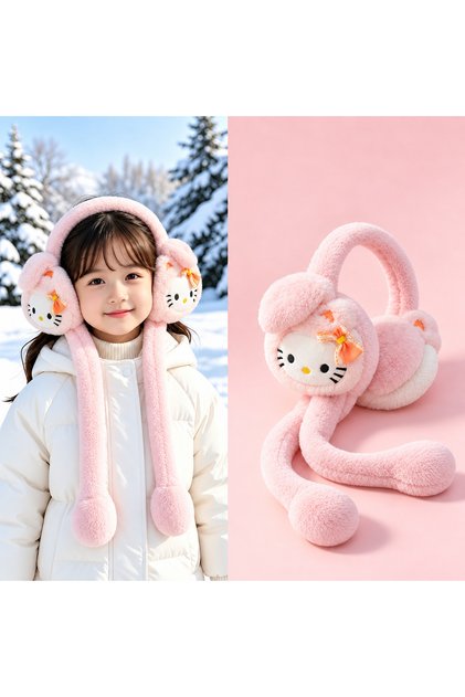 Cute Cat Hello Kittyyy Young Pink Girl Plush Playable Ear Sound Activated Movable Winter Warmer Rabbit Ears Bowknot Long Sleeve Winter Ear Muff Hat