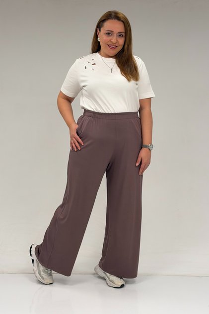 39000 Plus Size High Waist Elasticated Wide Leg Combed Cotton Trousers - Mink