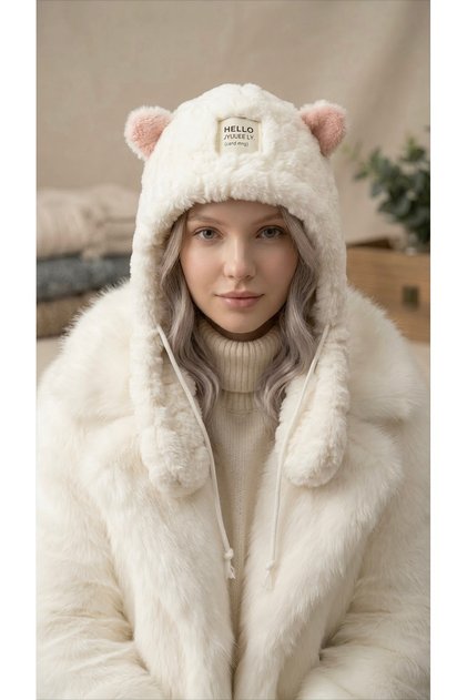 Korean Style Teddy Bear Ear Plush Hat Lace-Up Neck Collar Beanie Thick Winter Women's Hat