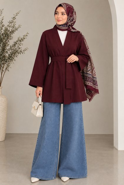 Bordo beli kemerli krep kimono