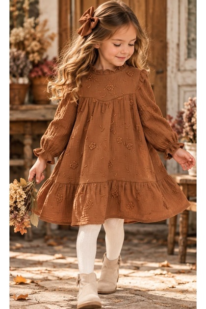 Embossed Muslin Fabric Long Sleeve Girls' Dress 2-9 Years