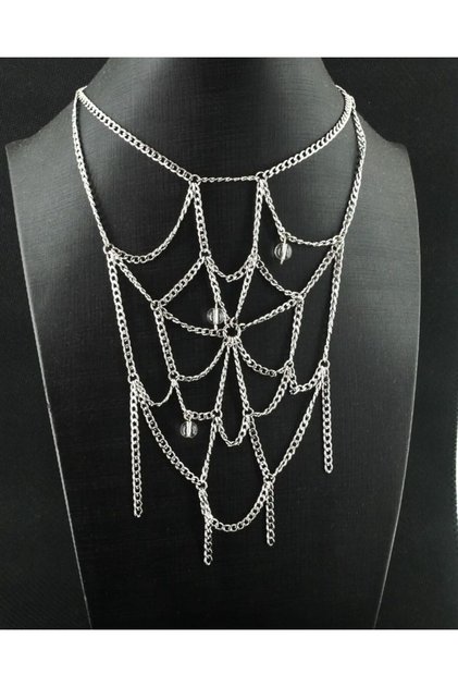 Örümcek Ağı Kolyesi Şeffaf Kristal Boncuk Detaylı Gümüş Zincirli Gotik Takı Halloween Kolyesi