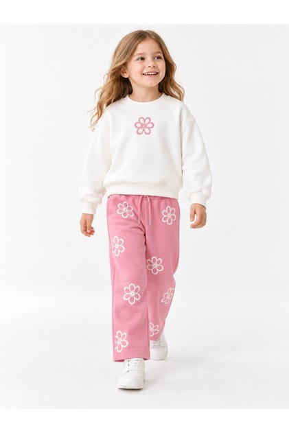 Girl's Floral Printed Sweatshirt and Wide-Leg Sweatpants Set – Pink and White