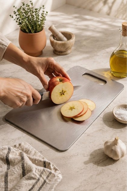 Stainless Steel Cutting Board – Hygienic, Stain and Odor Resistant Kitchen Cutting Board, Dough Rolling and Vegetable Chopping Board with Handle