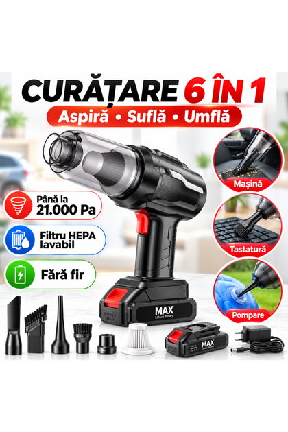 Aspirator si suflanta portabila 6 in 1, 21000 Pa, 120W, baterie 9000 mAh, HEPA 2.