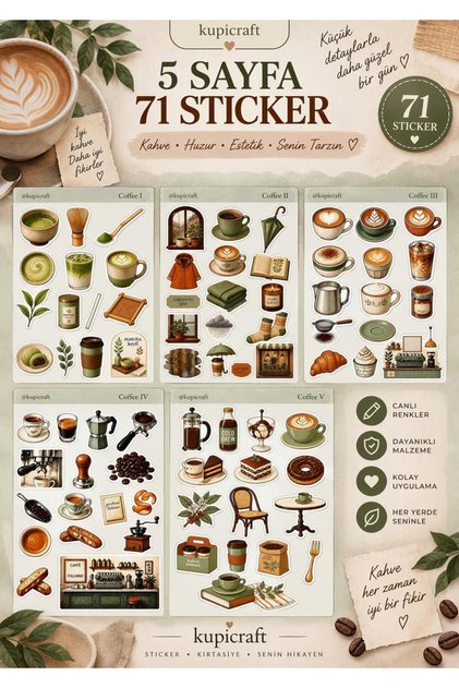 5 sayfa Coffee & Matcha Temalı Sticker Set Coffee Break Ajanda Scrapbook Journal