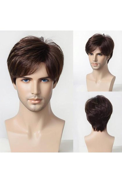 Men’s Short Straight Wig with Side Bangs Natural Looking Heat Resistant Synthetic Hair Wig for Daily