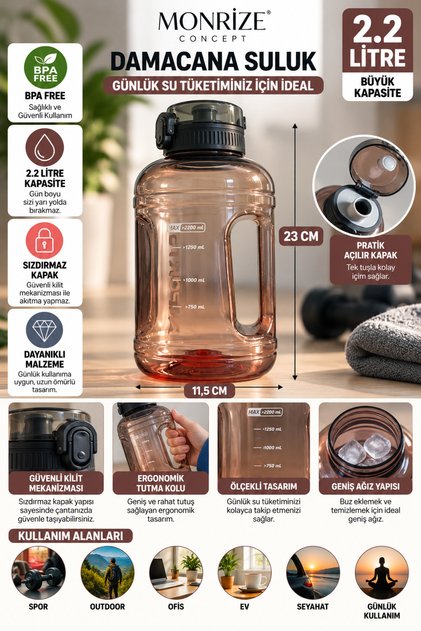 2.2 Litre Damacana Suluk Büyük Boy Kulplu Ölçülü Su Matarası Sızdırmaz Kapaklı BPA Free 2200 ML