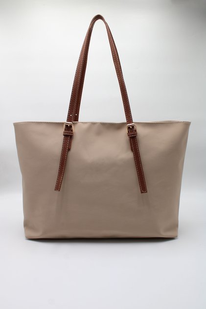 Women's Beige Tan Satin Canvas Mega Large Size Belt Strap Lined Handbag. Arm and Shoulder Bag