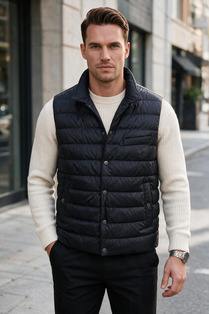 Men's Slim Fit Water and Wind Resistant Navy Blue Puffer Vest – Stand Collar with Snap Fasteners 2701708