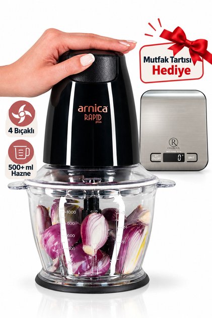 Rapid Plus 4 Bıçaklı Doğrayıcı & Rondo Siyah GH21134 Mutfak Tartısı Hediye (Onerous)