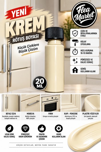 YENİ KREM RENK Çok amaçlı Akrilik Rötuş Boyası- Ahşap , Metal , Fayans , Seramik, Araç , Hobi, 20ml