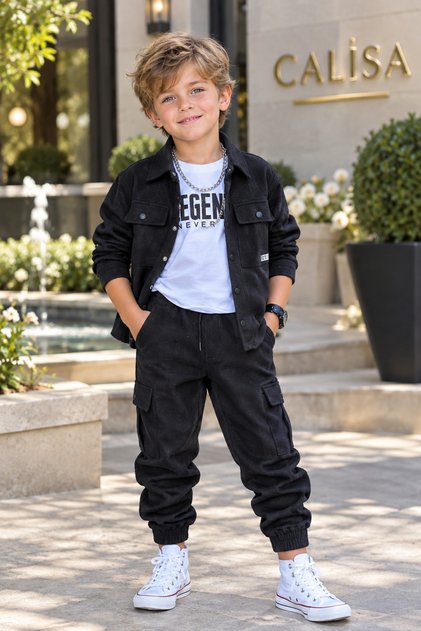 Boys' 5-14 Years 3-Piece Set Black Shirt Jacket Cargo Pants Long Sleeve T-Shirt