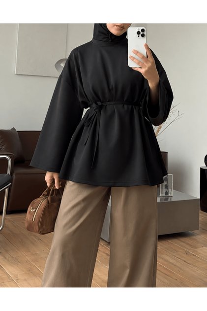 Biye Bağcıklı Oversize Tunik - 62410 - Siyah