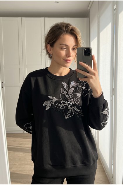 Black Floral Pattern Bead and Sequin Embroidered 100% Cotton Sweatshirt