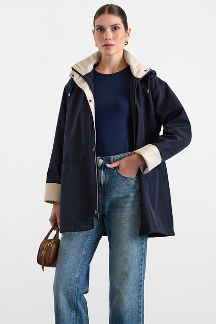 Garni Detailed Detachable Hooded Oversized Short Trench Coat Dark Blue 6935