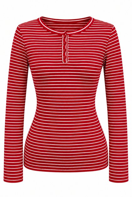 2266 Women's Striped Wide Collar Half Placket Buttoned Blouse Red