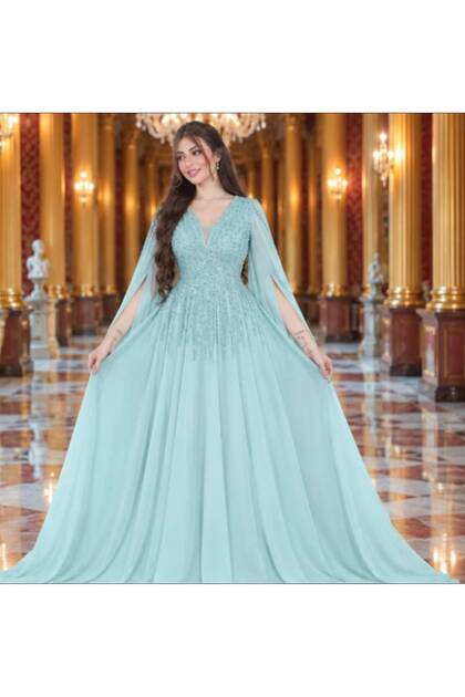 Luxury Evening Dress Sequin Beaded Gown with Chiffon Flare Sleeves