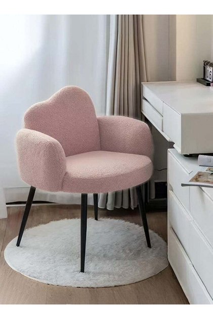 Modern Boucle Armchair with Padded Seat, Curved Backrest & Metal Legs for Bedroom, Vanity -Pink
