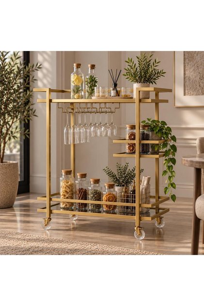 Metal Gövdeli Cam Raflı Bar Servis Arabası, Metal Servis Arabası