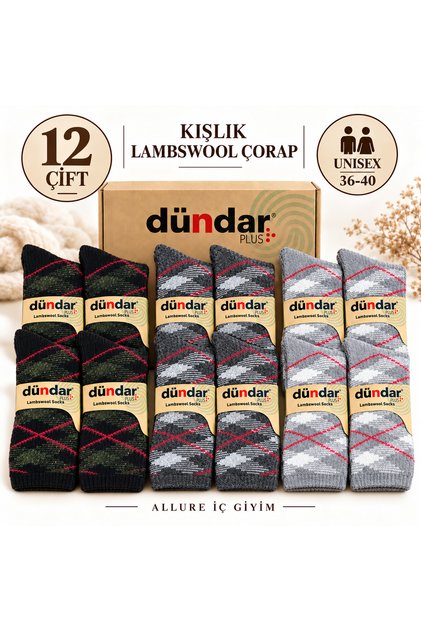 Plus Lambswool Unisex Winter Socks 12 Pairs – Plaid Pattern – Size 36-40