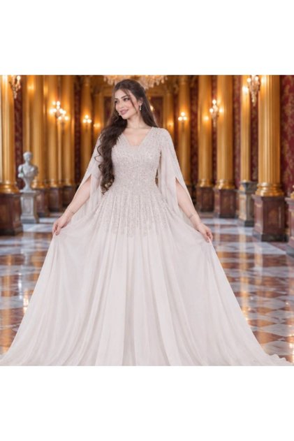 Luxury Evening Dress Sequin Beaded Gown with Chiffon Flare Sleeves