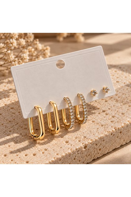 Geometrik Taş Detaylı Gold Şık Çelk Küpe