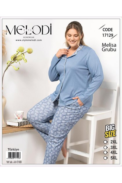 Plus Size Buttoned Pajama Set Blue 17129