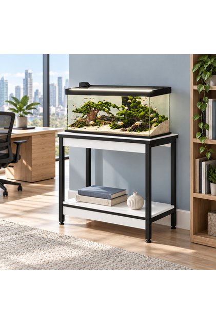 Aqua Line Akvaryum Sehpası 80x40 cm Beyaz Rengi Siyah Metal Ayaklı İki Raflı Yan Sehpa