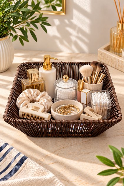 Rattan Brown Plastic Tile Pattern Bread Basket Organizer 25*7cm