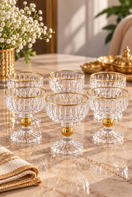 6-Piece Glass Coffee Side Tray with Footed Glass Cups Crystal Gold